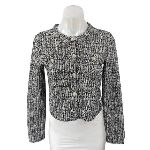 H&M Womens Black Tweed Button Long Sleeve Pockets Crop Blazer Coat Jacket Top XS - Picture 1 of 3